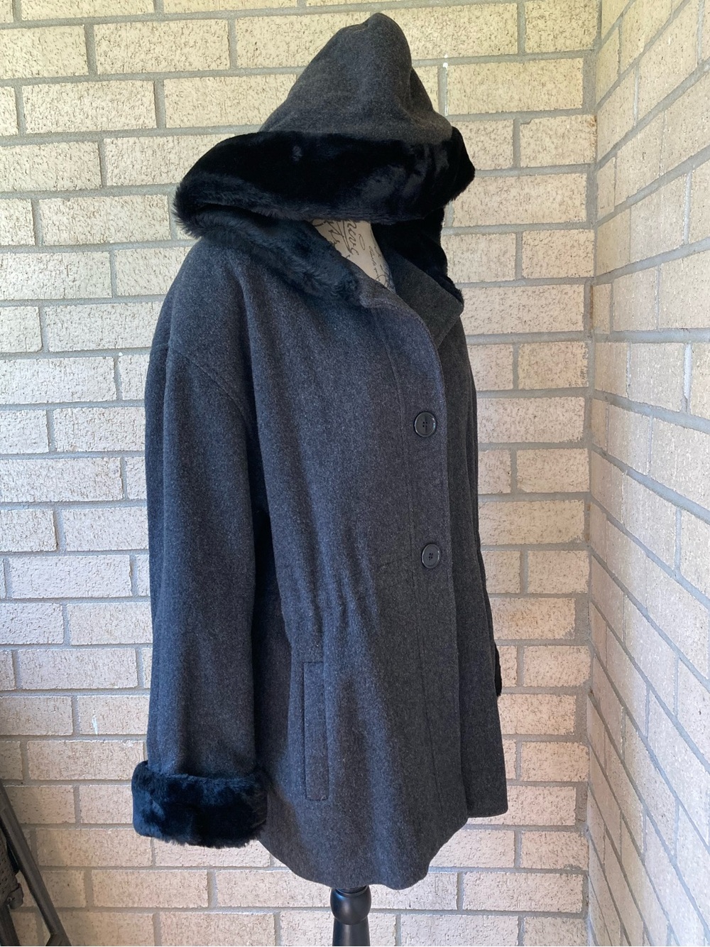 Albert Nipon Adjustable Waist Gray Wool Coat Black Faux Fur Hood & Cuffs XS - Picture 10 of 14